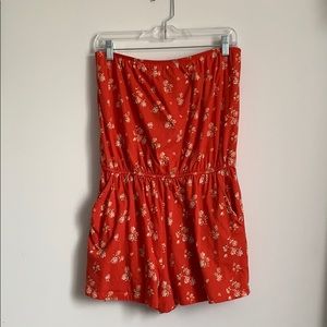 Strapless Red Flower Romper with Pockets